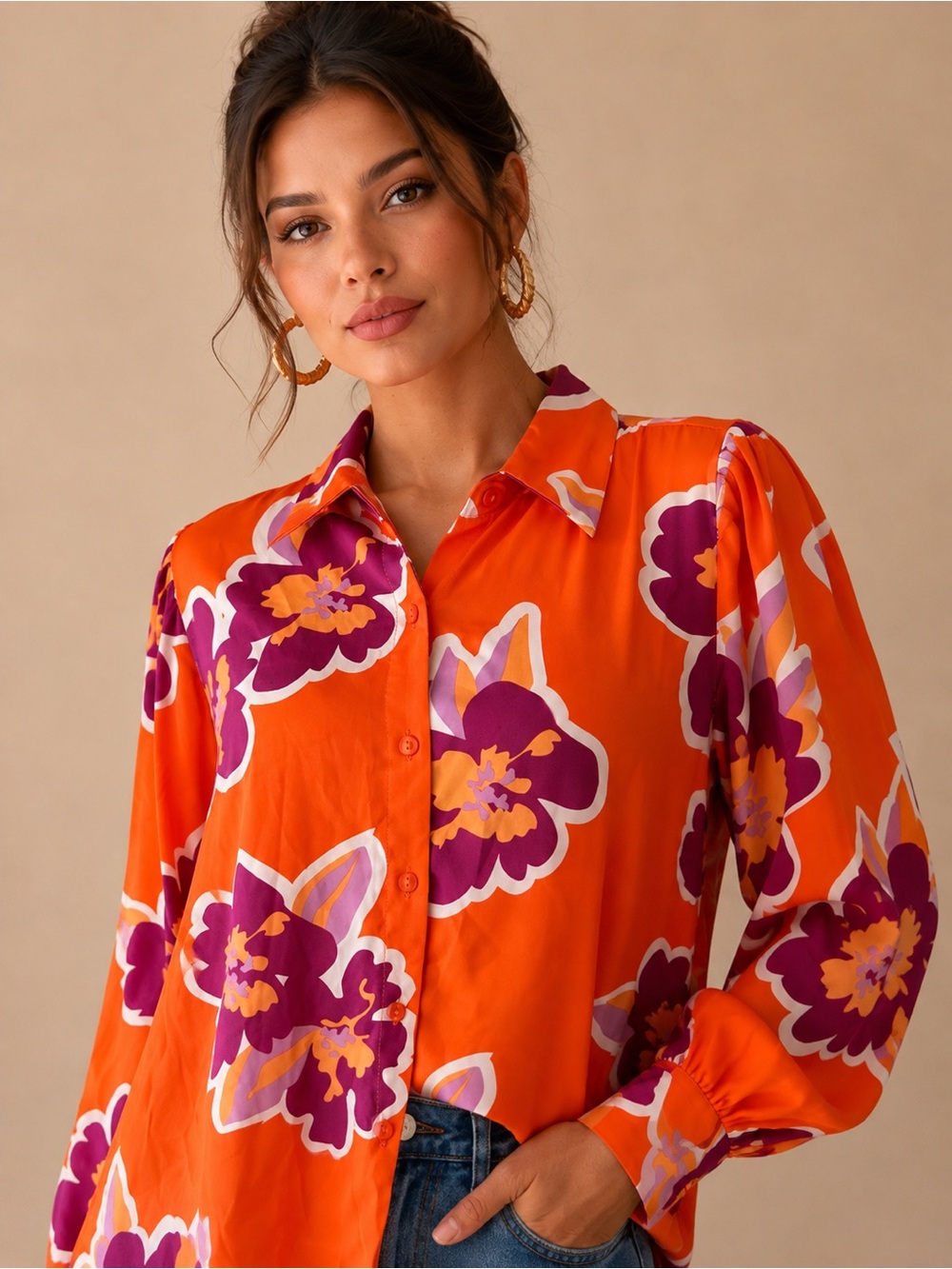 Cato Orange Floral Button-Down Blouse with Purple Accents - Picture 5 of 8